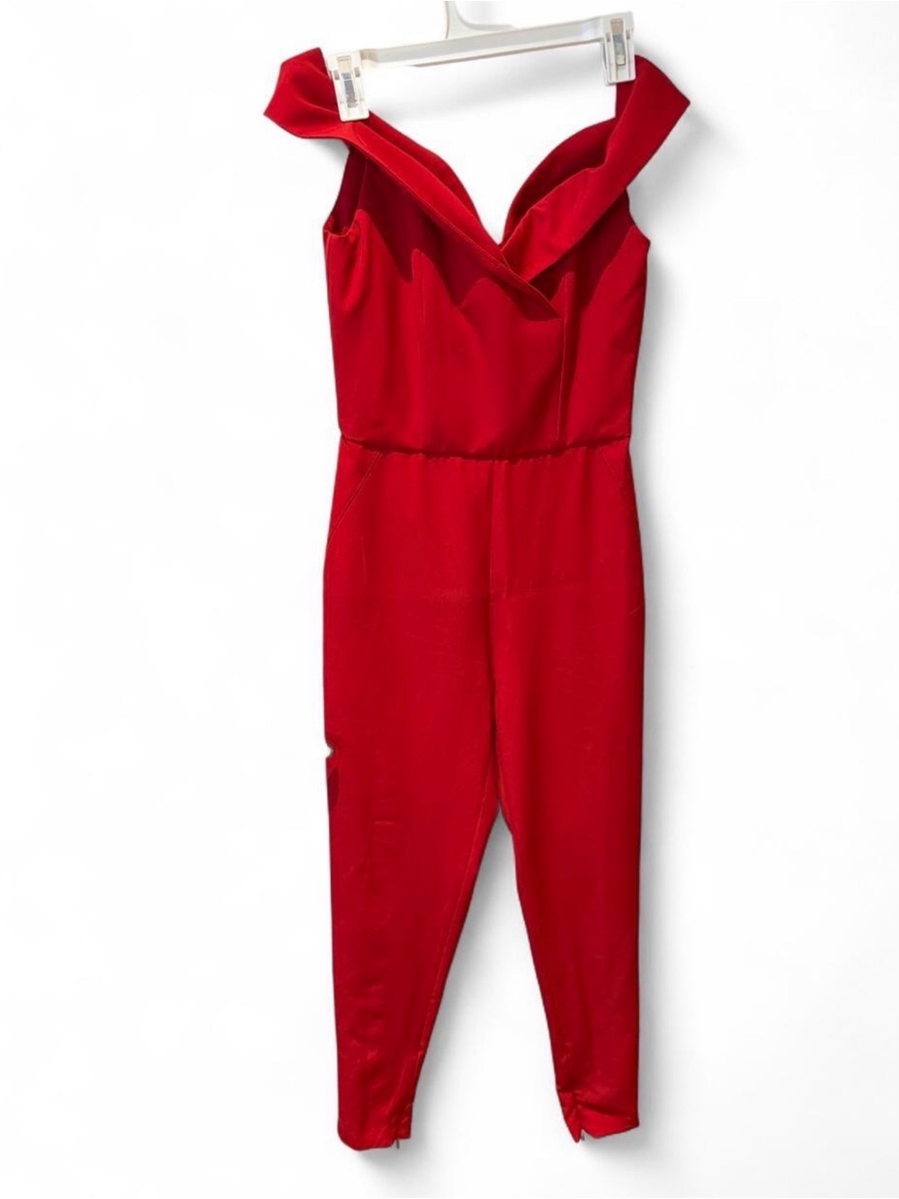 Fashion Nova Red Off-Shoulder V-Neck Jumpsuit